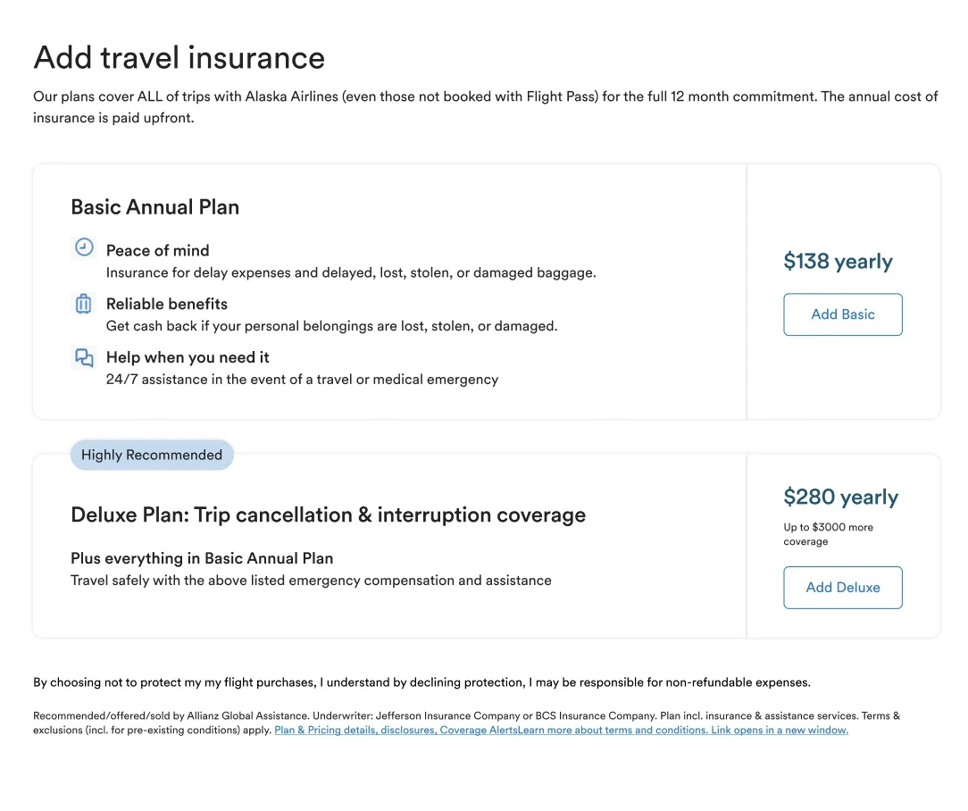 Alaska Flight Pass integrated with travel insurance