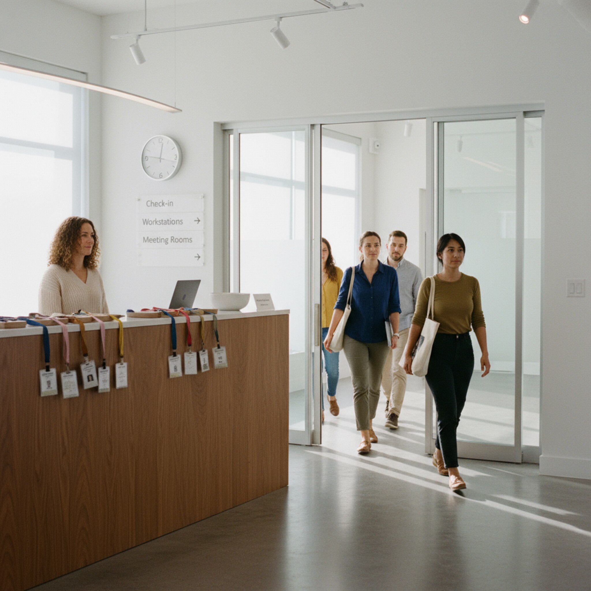 Am Eingang liegen vorbereitete Besucherbadges auf einem Tresen, daneben steht eine dezente Schale für Rückgaben. Eine Uhr an der Wand und klare Beschilderung verleihen Struktur. Menschen passieren ruhig die Tür, was einen geordneten, verlässlichen Ablauf vermittelt.