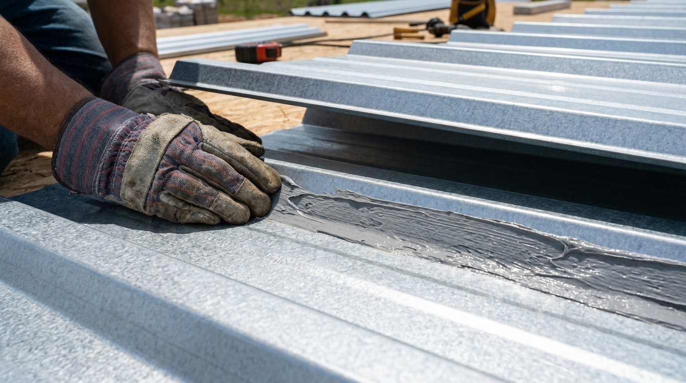 Close up of butyl tape sealant being applied between metal roof overlaps.