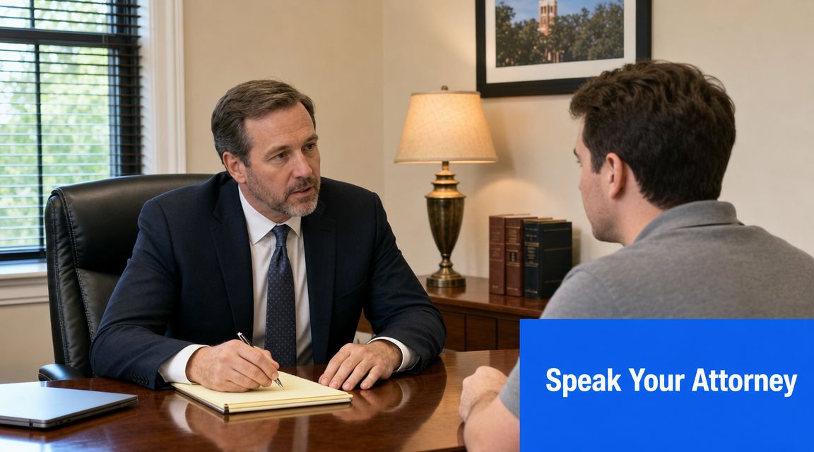 A professional attorney sitting at a desk and taking notes while consulting with a male client.