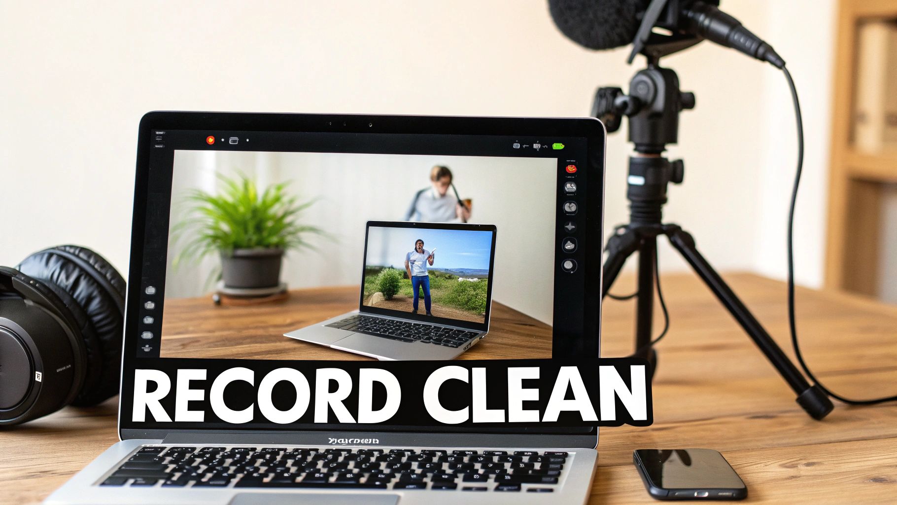 Laptop displaying a video recording setup on a desk with headphones, microphone, and smartphone.