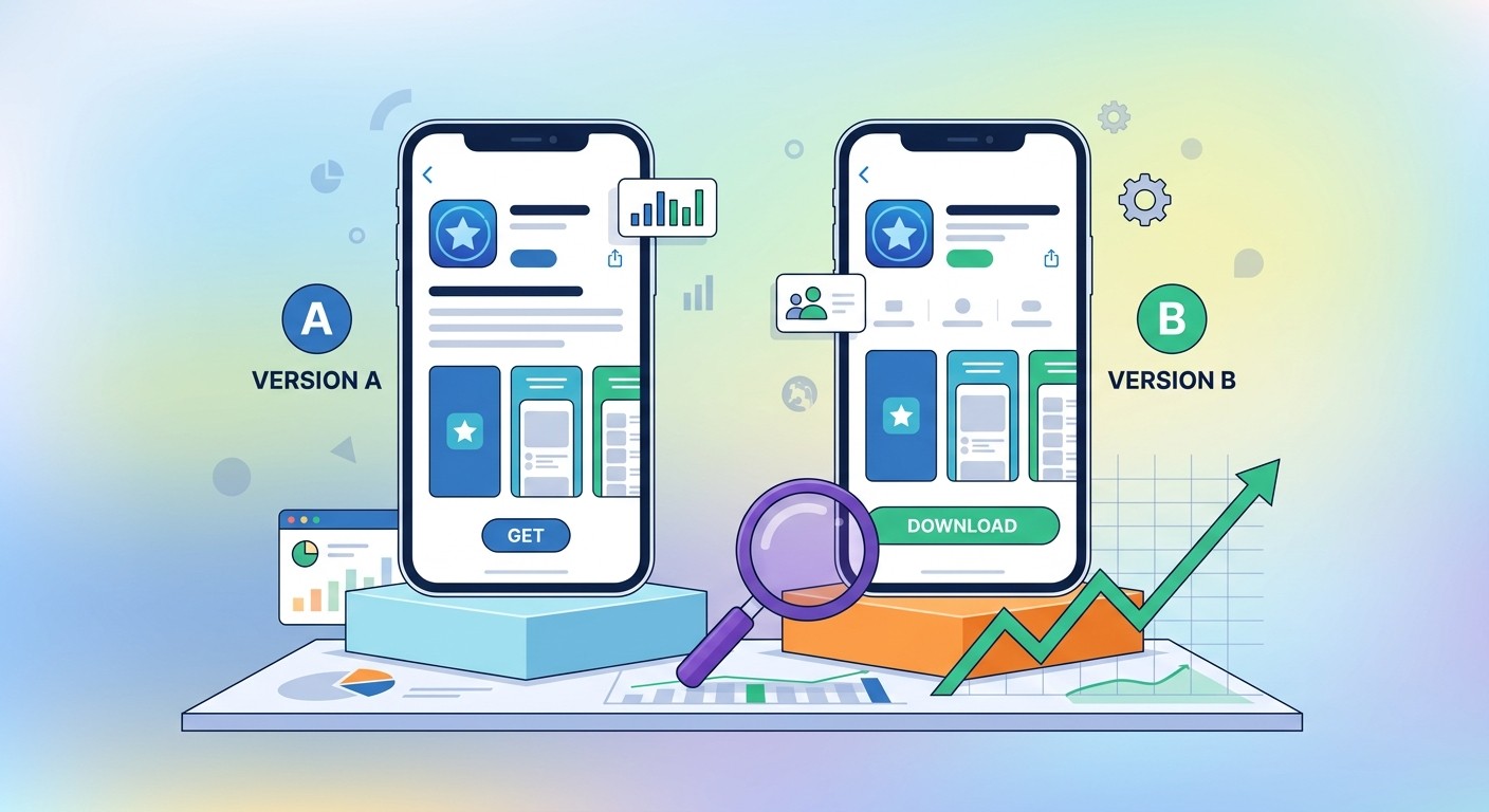 Illustration of A/B testing two App Store product page versions with a conversion graph
