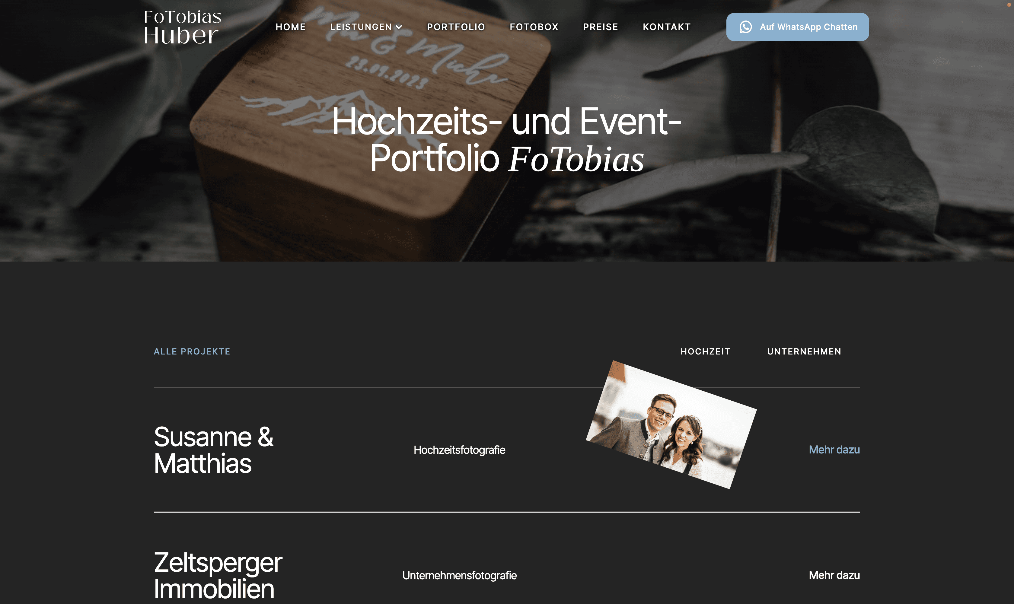 Screenshot einer Website auf der ein Hochzeits-Fotografen-Portfolio angezeigt wird