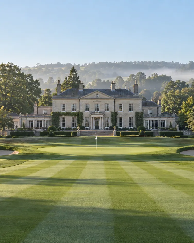 The eighteenth at Averleigh: a striped fairway running straight up to the green beneath the Georgian House, framed by cedars