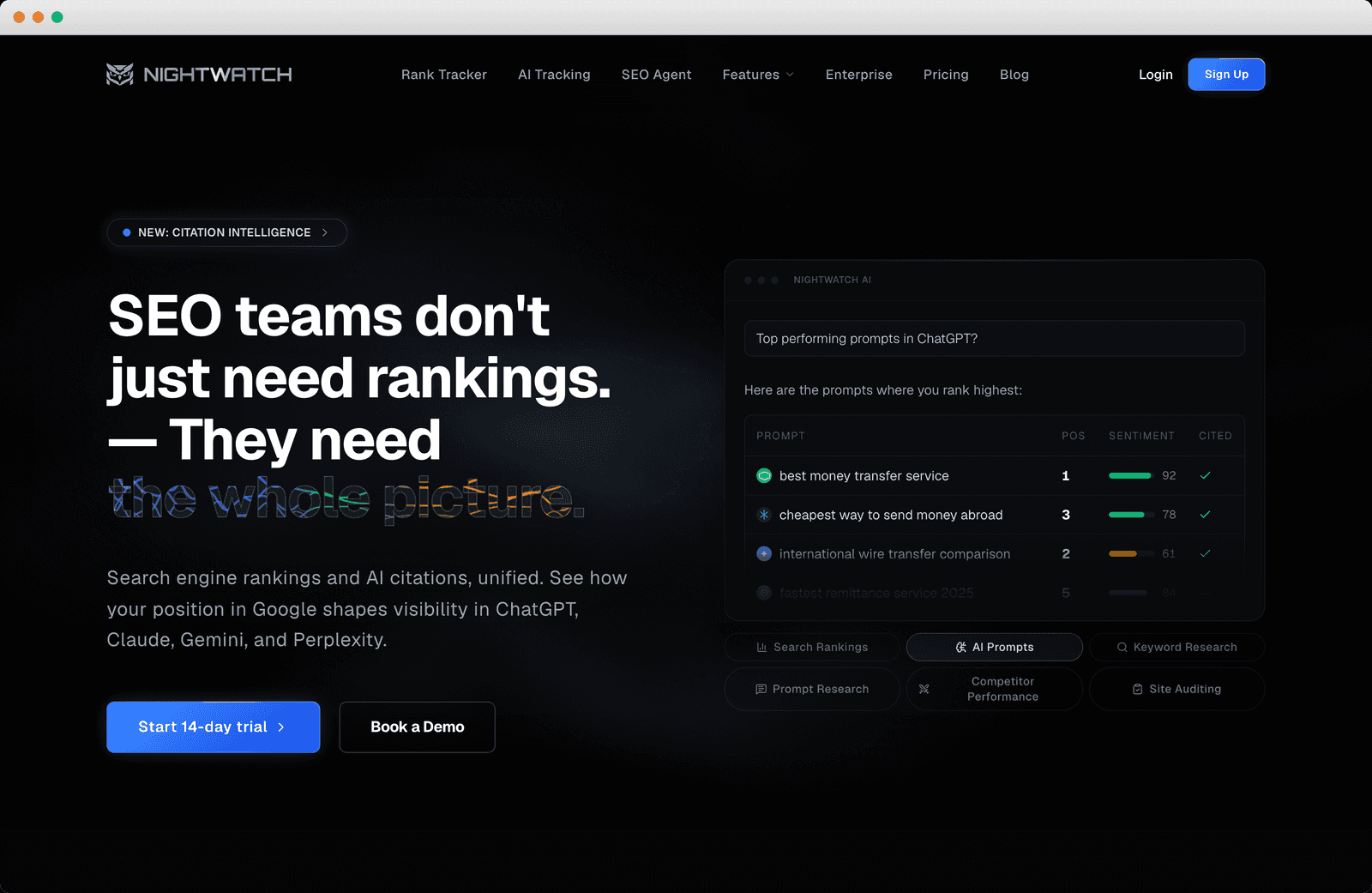 Nightwatch homepage, Visibility tracking hero