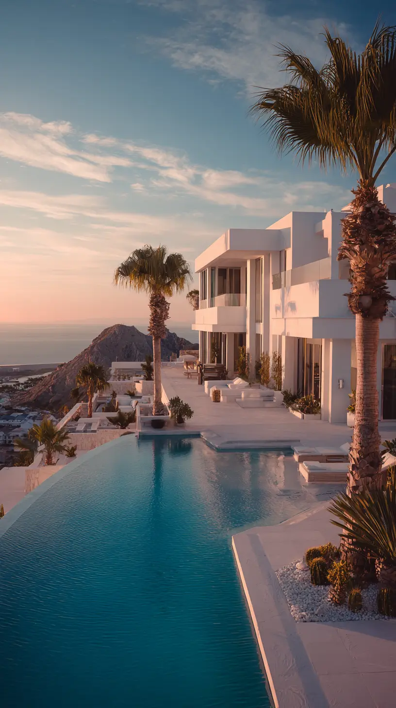 Minimalist white villa with palm trees and infinity pool, shown in a premium real estate mobile mockup.