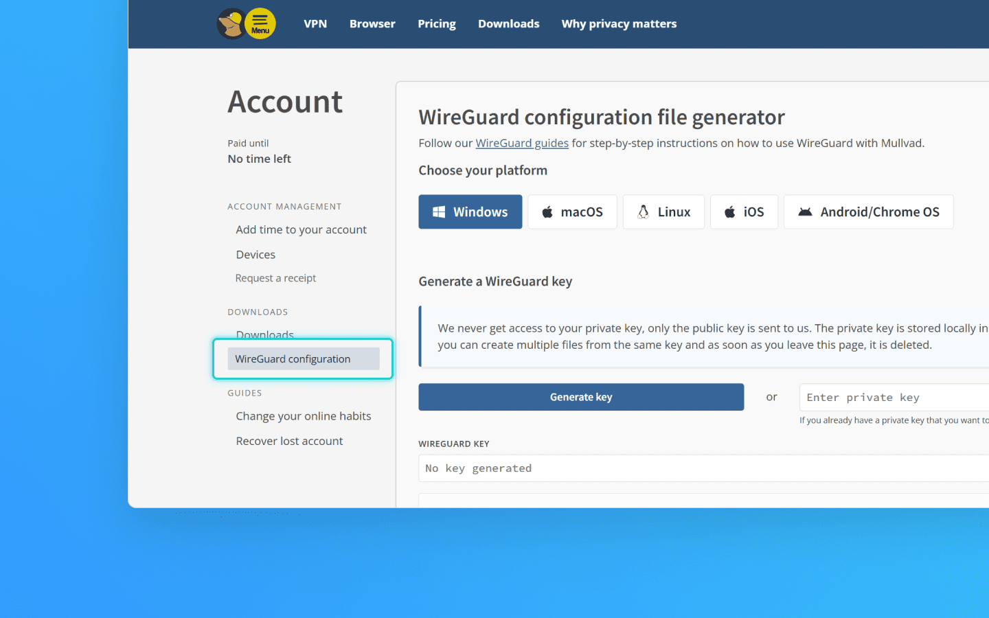 Пункт WireGuard configuration в левом меню, раздел Downloads