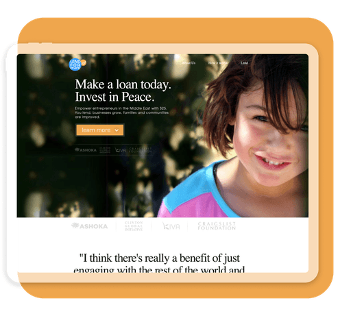 A smiling child with short hair and a blue and white shirt stands outside against a blurred leafy background, while the foreground features a web page encouraging loans to empower entrepreneurs in the Middle East, with logos of Ashoka, Kiva, and Calvert Foundation visible.