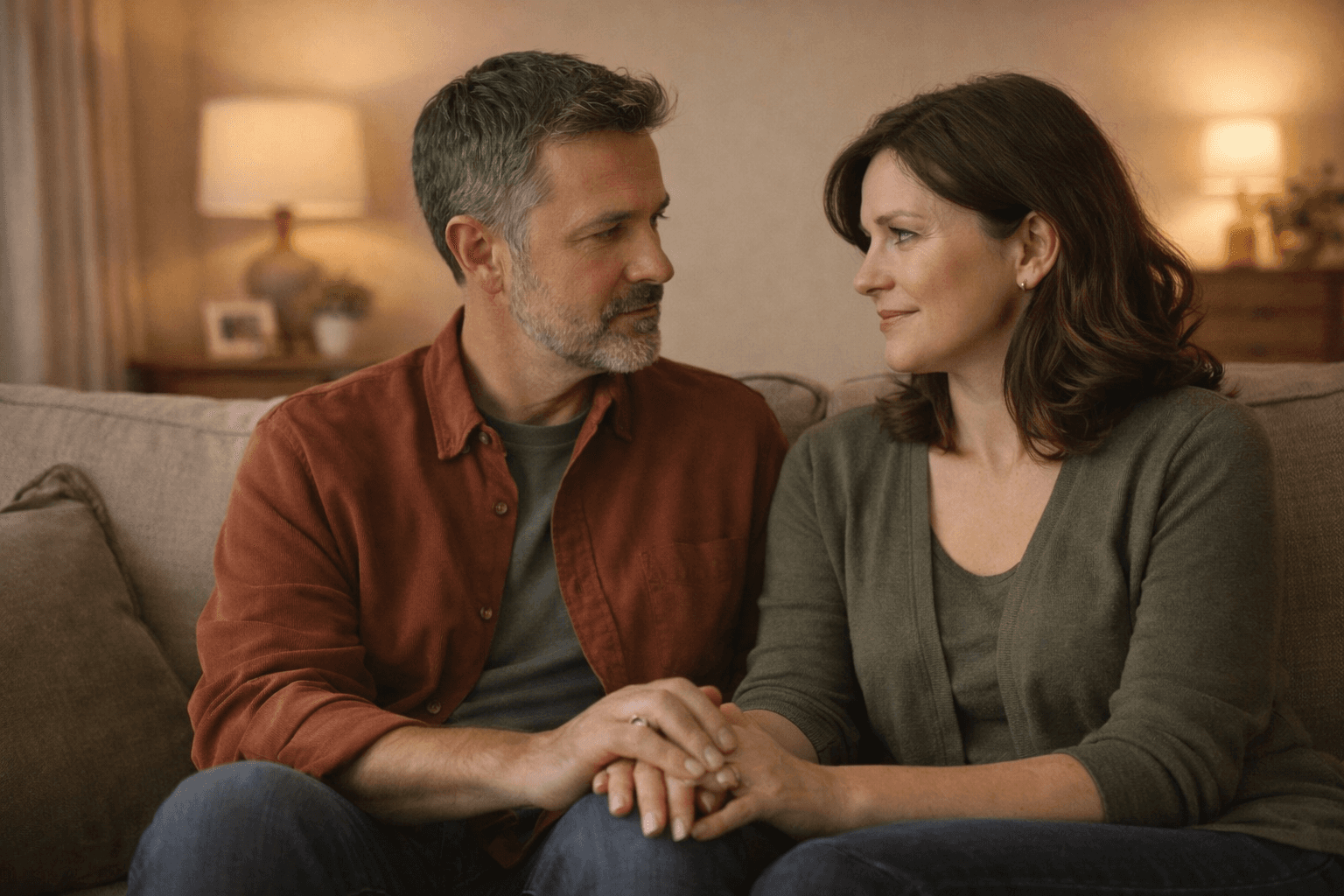 Couple on a couch, one partner reaching out to the other