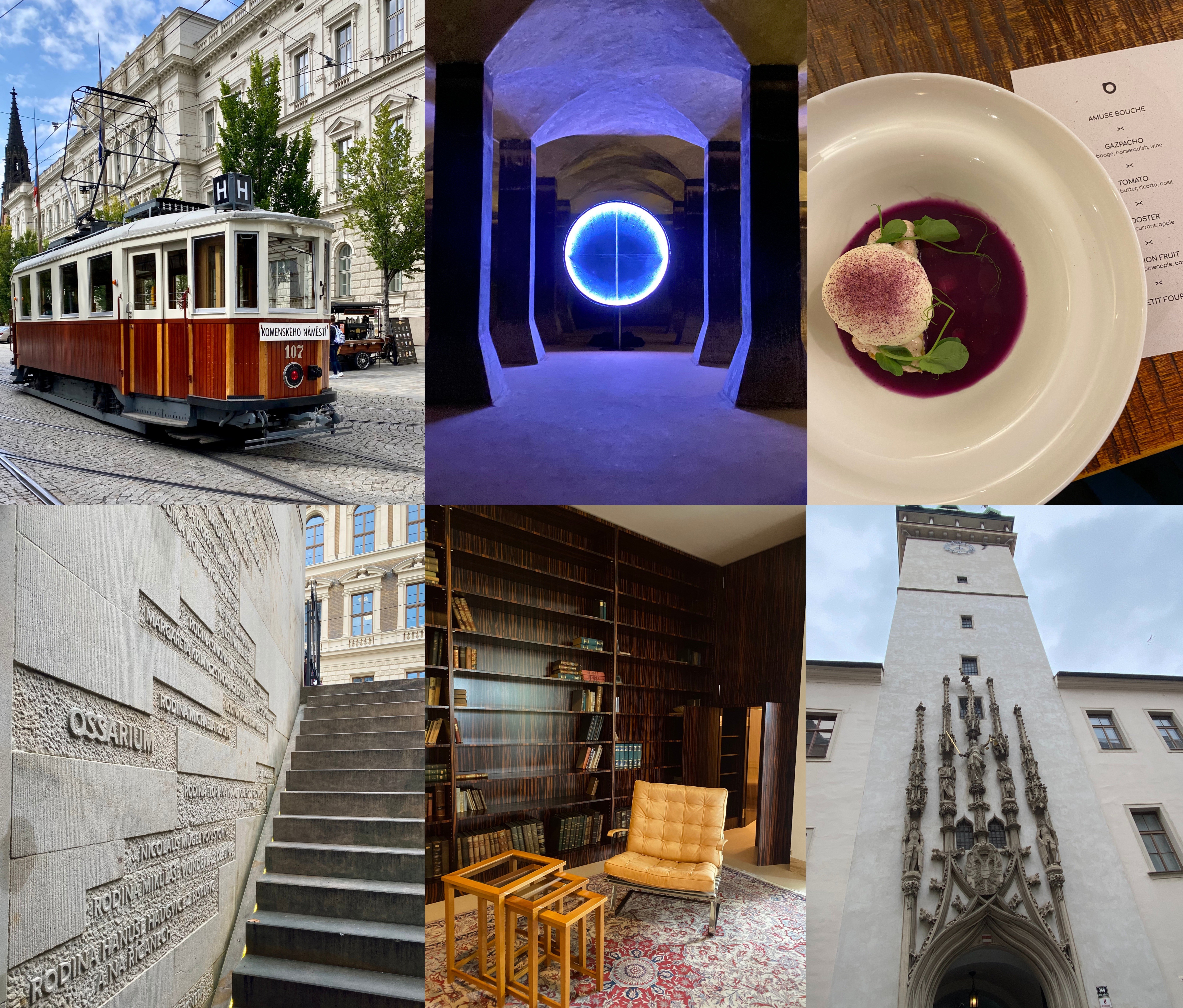 Clockwise from top left: vintage tram on Brno city street; art installation at Brno water tanks; beetroot gazpacho at Long Story Short; twisted turret of Brno's Old City Hall; library at Villa Tugendhat; stone stairs leading to Brno ossuary