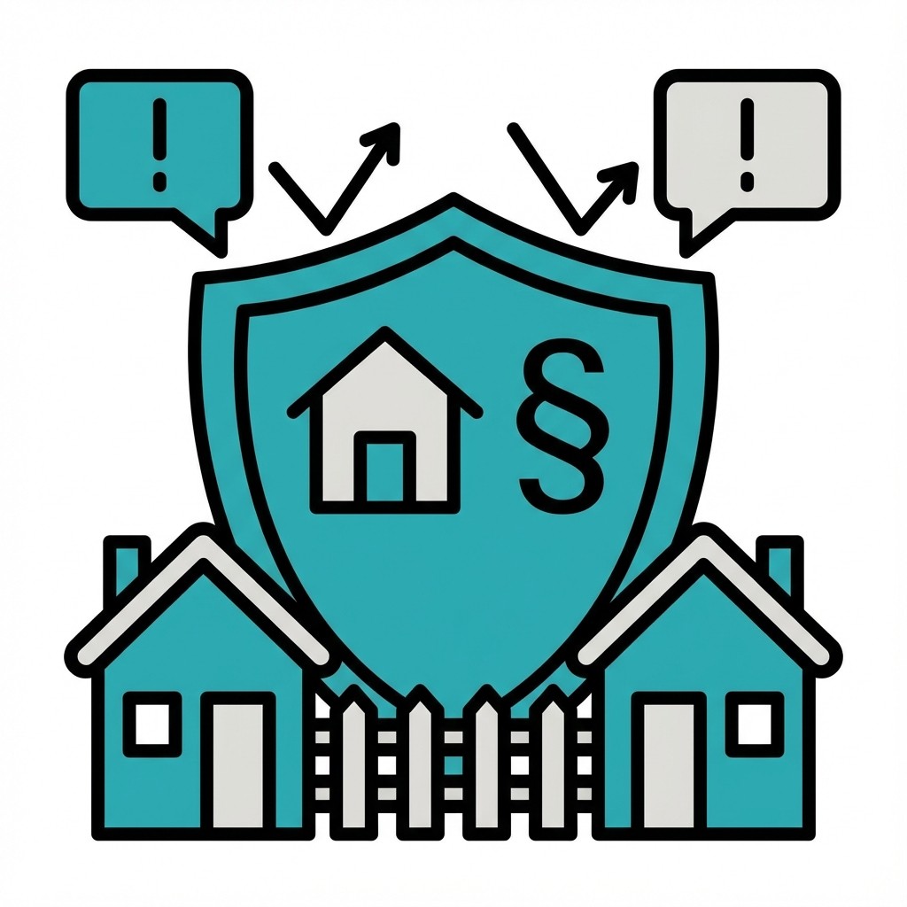 Grafik: Ein Schild mit Haus und Paragraf (§) schützt zwei Häuser vor Streitigkeiten, symbolisiert durch Pfeile und Sprechblasen.
