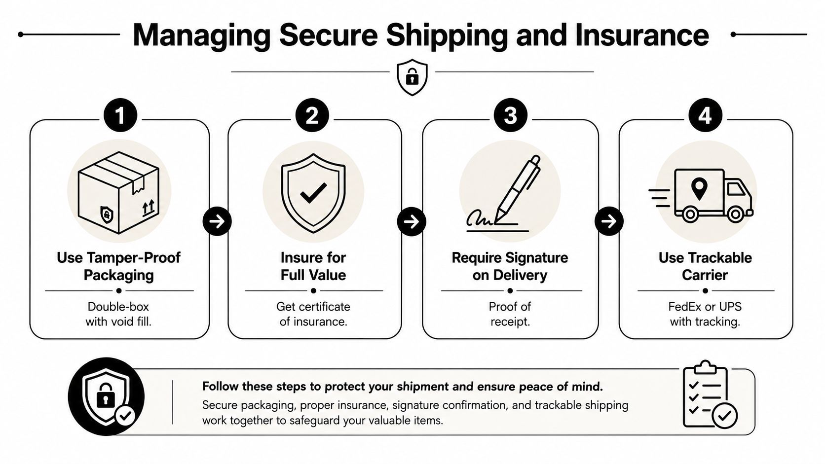 An infographic showing four essential steps for managing secure shipping and insurance for valuable items.
