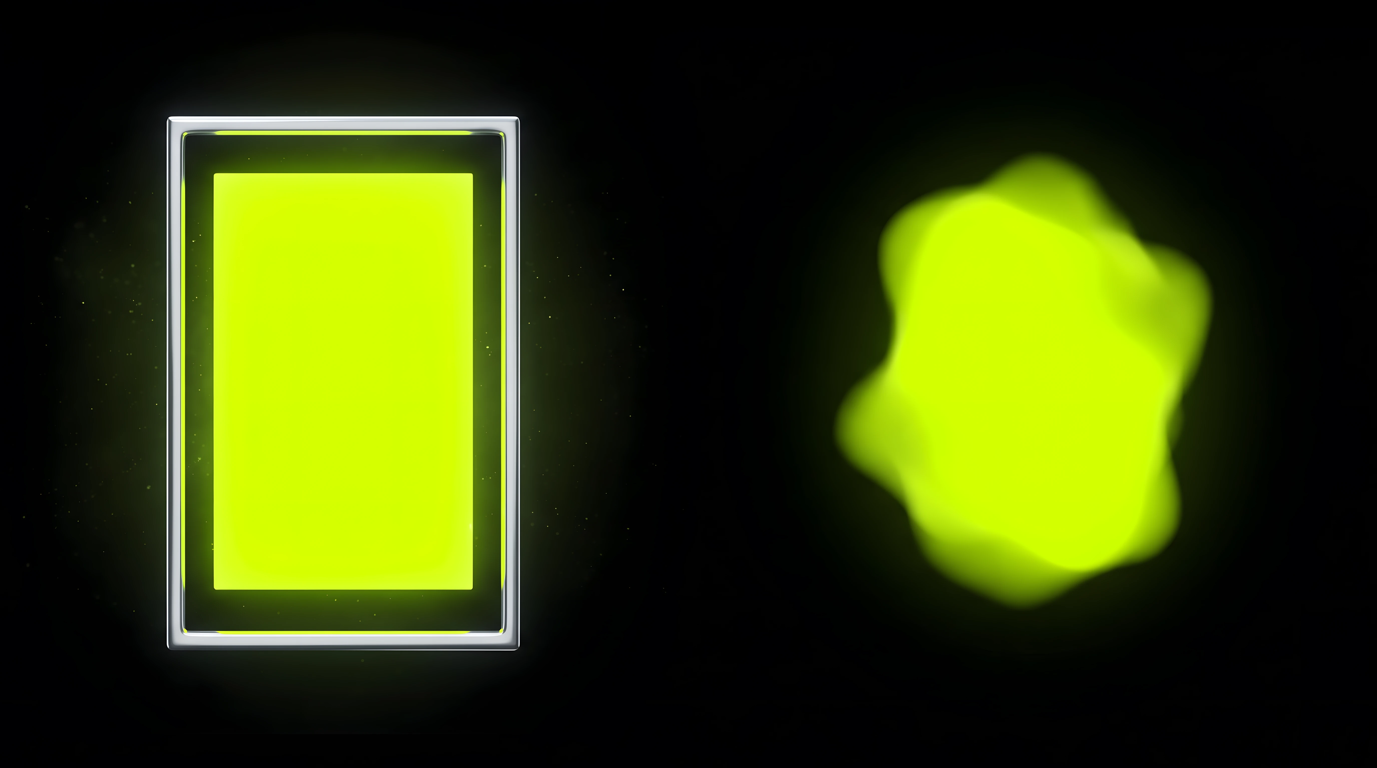 A single toxic lime form locked precisely inside a closed liquid chrome frame beside a second, unformed lime mass drifting outside any frame on deep void black, representing decisions already made versus decisions still to be made.