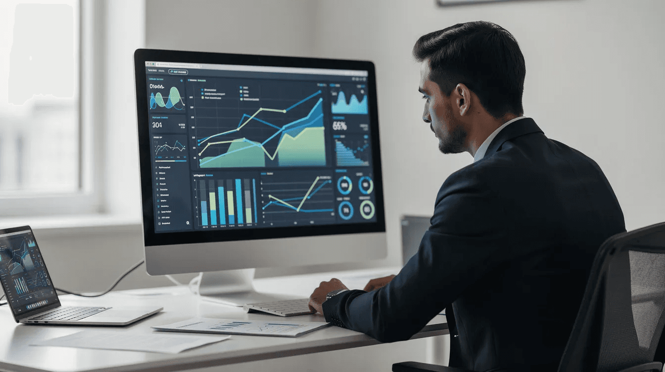 L'image montre un professionnel concentré en train d'analyser des graphiques de performance sur l'écran d'un ordinateur, évaluant les résultats d'une campagne Google Ads pour optimiser la visibilité de son entreprise. On peut apercevoir des données sur le taux de clic et des mots clés, soulignant l'importance du suivi des conversions et de l'optimisation pour améliorer les performances.