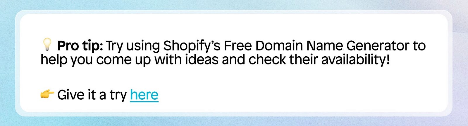 pro tip banner for Shopify store domain name generator