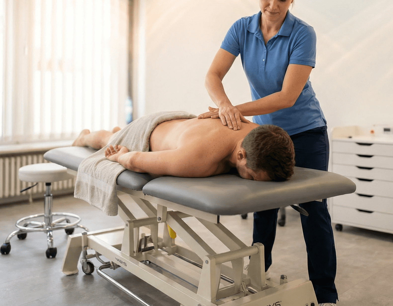 Physiotherapeutin behandelt Patienten auf einer Therapieliege in heller Praxis