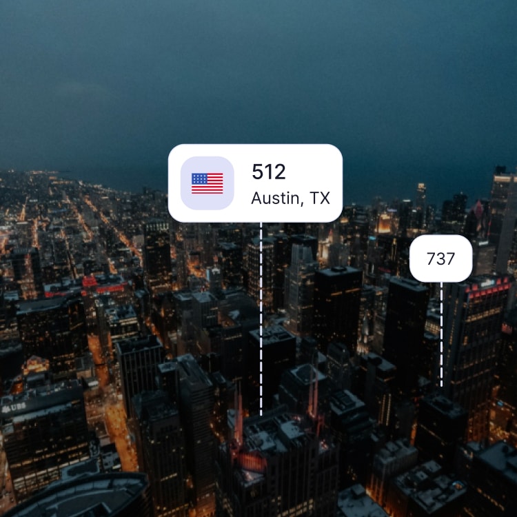 City skyline of Austin showing the 512 area code and surrounding area codes