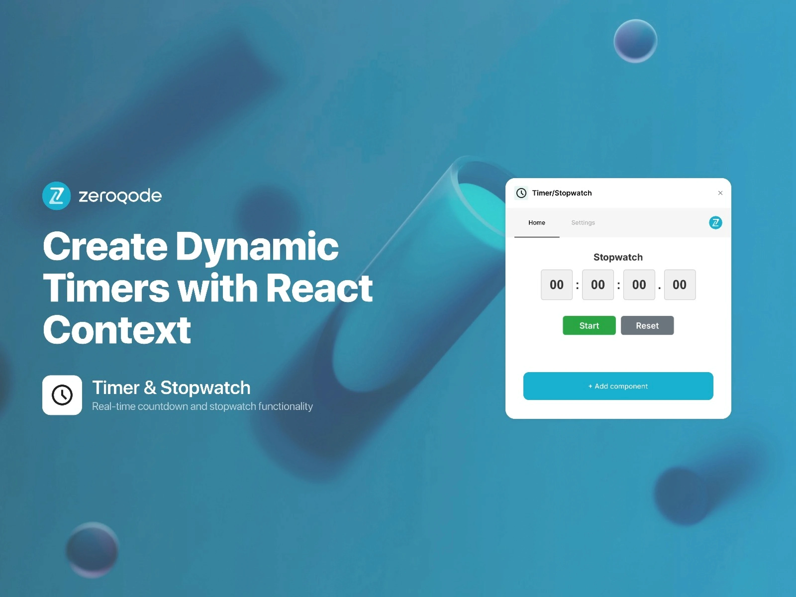A stopwatch settings window for Timer & Stopwatch is displayed against a blue background, featuring the phrase 'Create Dynamic Timers with React Context.'