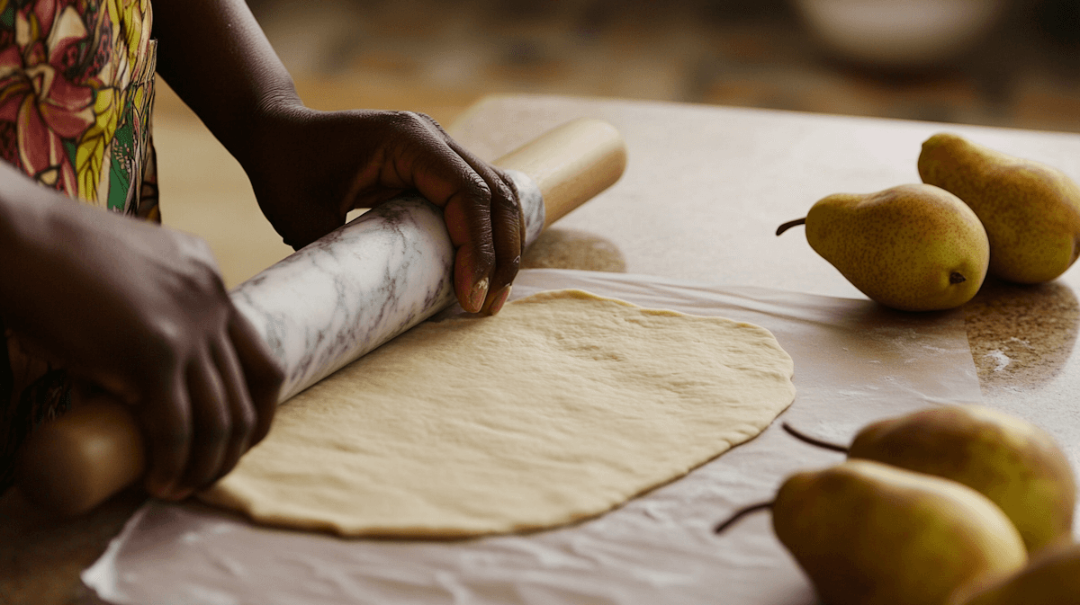 Rolling dough for pie crust with pears in the background, baking