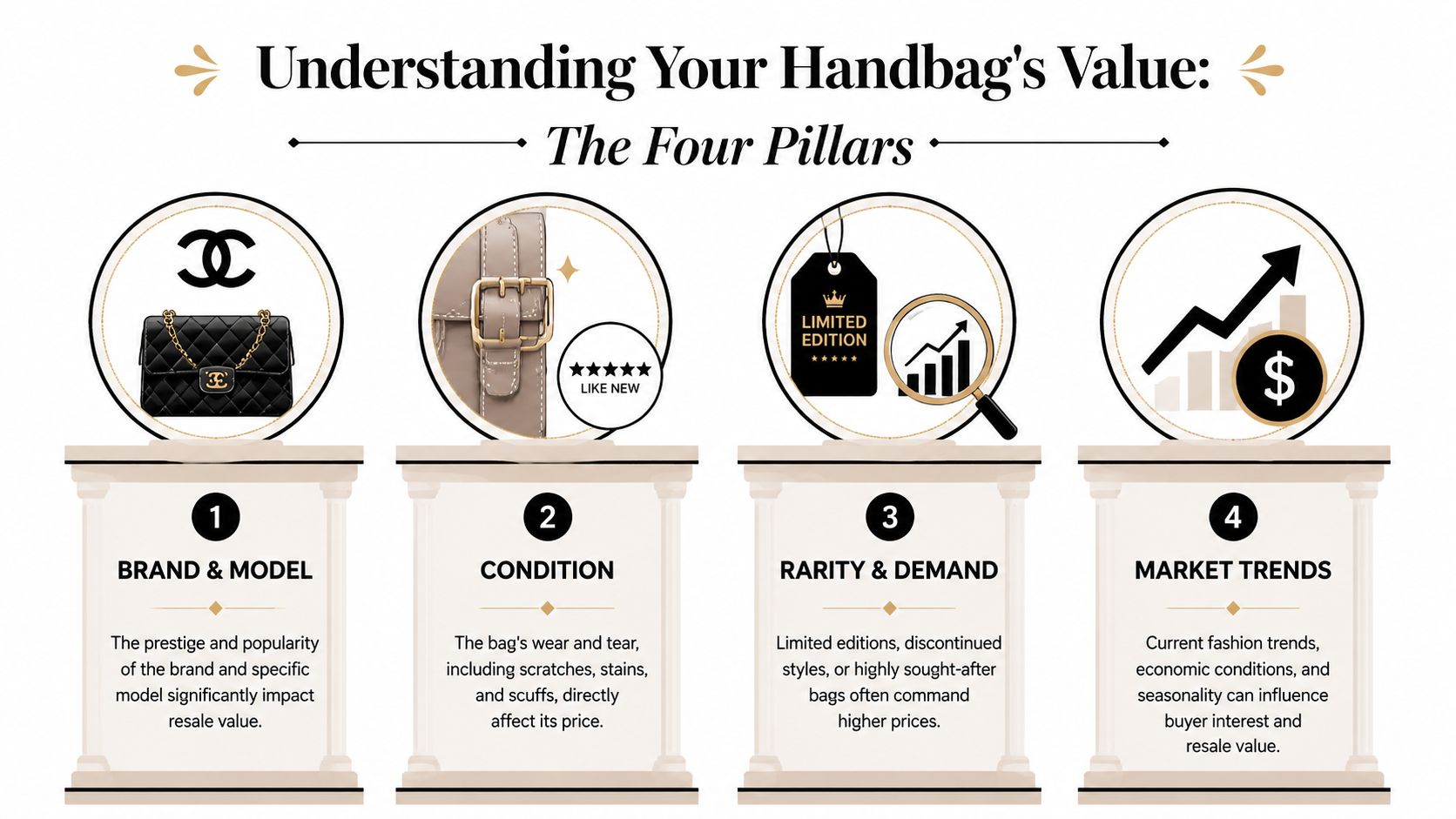 An infographic detailing the four key factors that influence the resale value of a designer handbag.