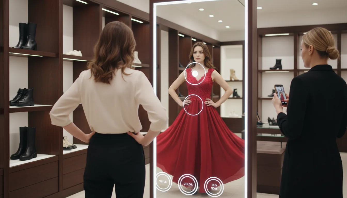 DSLR photograph of a woman from a back-three-quarters view, standing with hands on hips in an upscale clothing boutique and looking at a large, vertical Augmented Reality smart mirror. The mirror displays a virtual try-on of the woman wearing a vibrant red dress, overlaid with a clean user interface showing abstracted buttons for style, color, and purchase options. The boutique has bright, even retail lighting, with wooden shelves displaying designer shoes and boots in the background. Another woman stands nearby, observing and holding a smartphone. Sharp focus on the main subject and the AR mirror, commercial advertising style.