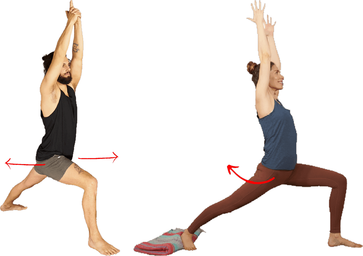 Two Warrior I figures side by side. On the left, red arrows pull the hips square towards the front of the mat. On the right, a red curved arrow shows the back leg externally rotating in the opposite direction.