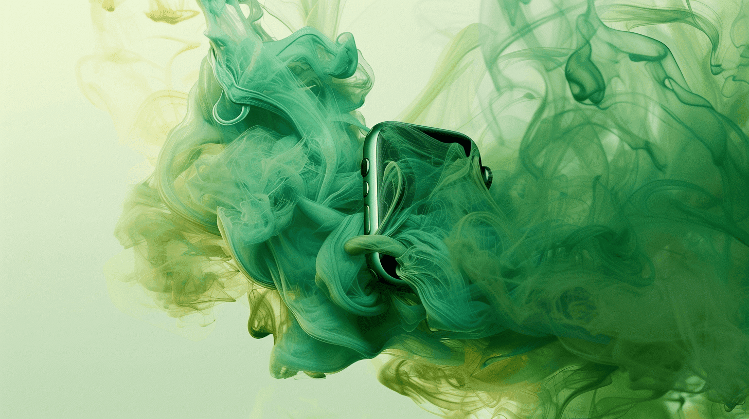 An Apple Watch floating through green St. Patrick's Day smoke