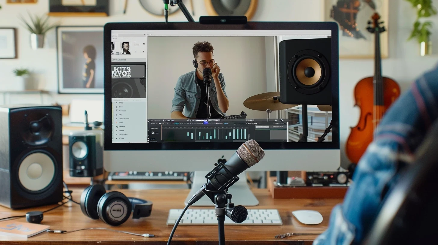 A microphone standing in front of a computer monitor depicting a man mixing audio