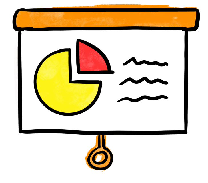 Illustration of a presentation board with pie and bar charts, representing facilitation tools and workshop resources