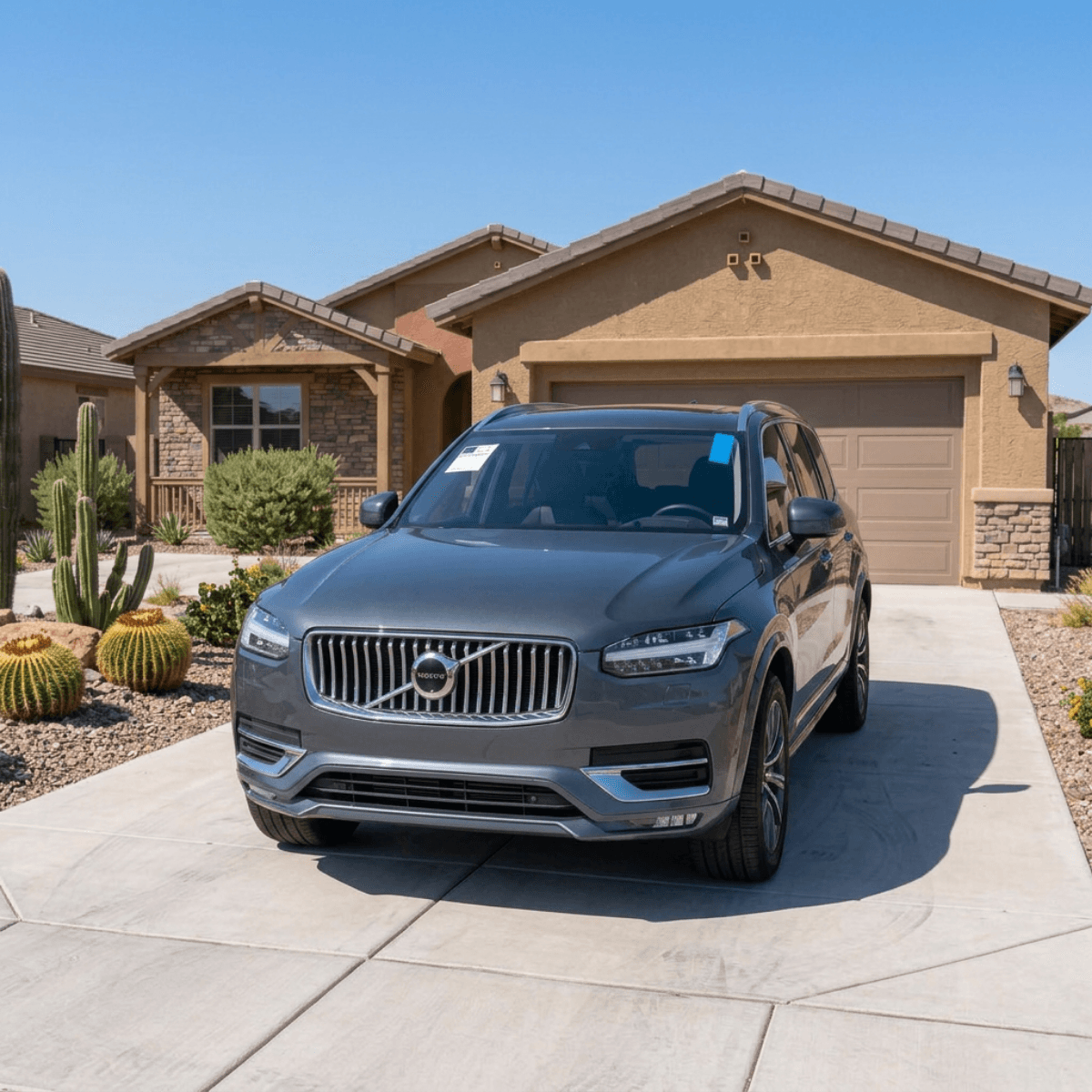 Gray Volvo XC90 with a meticulously installed replacement windshield outside a Goodyear, Arizona family home