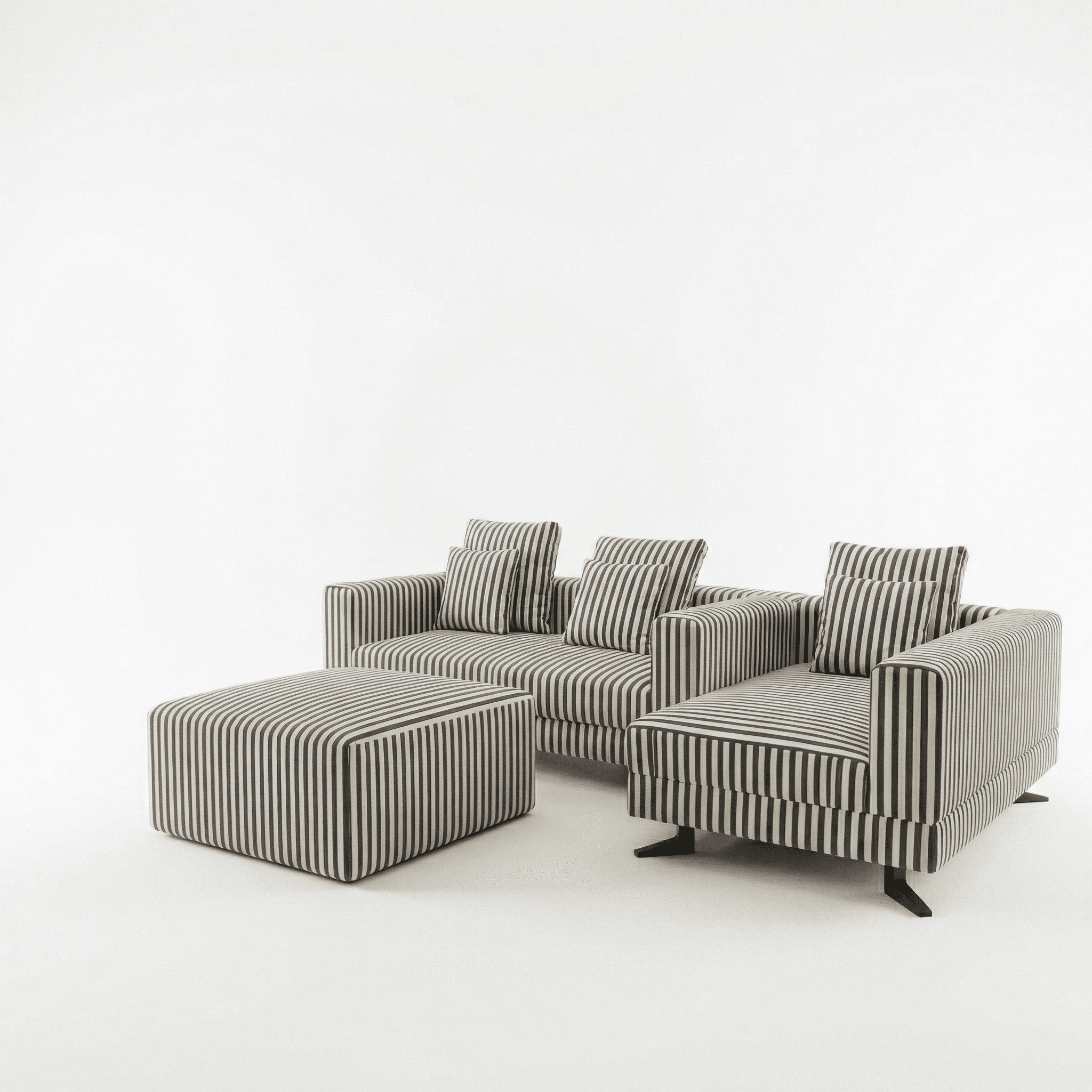 Luxury lounge seating with striped armchairs styled in a minimalist neutral interior