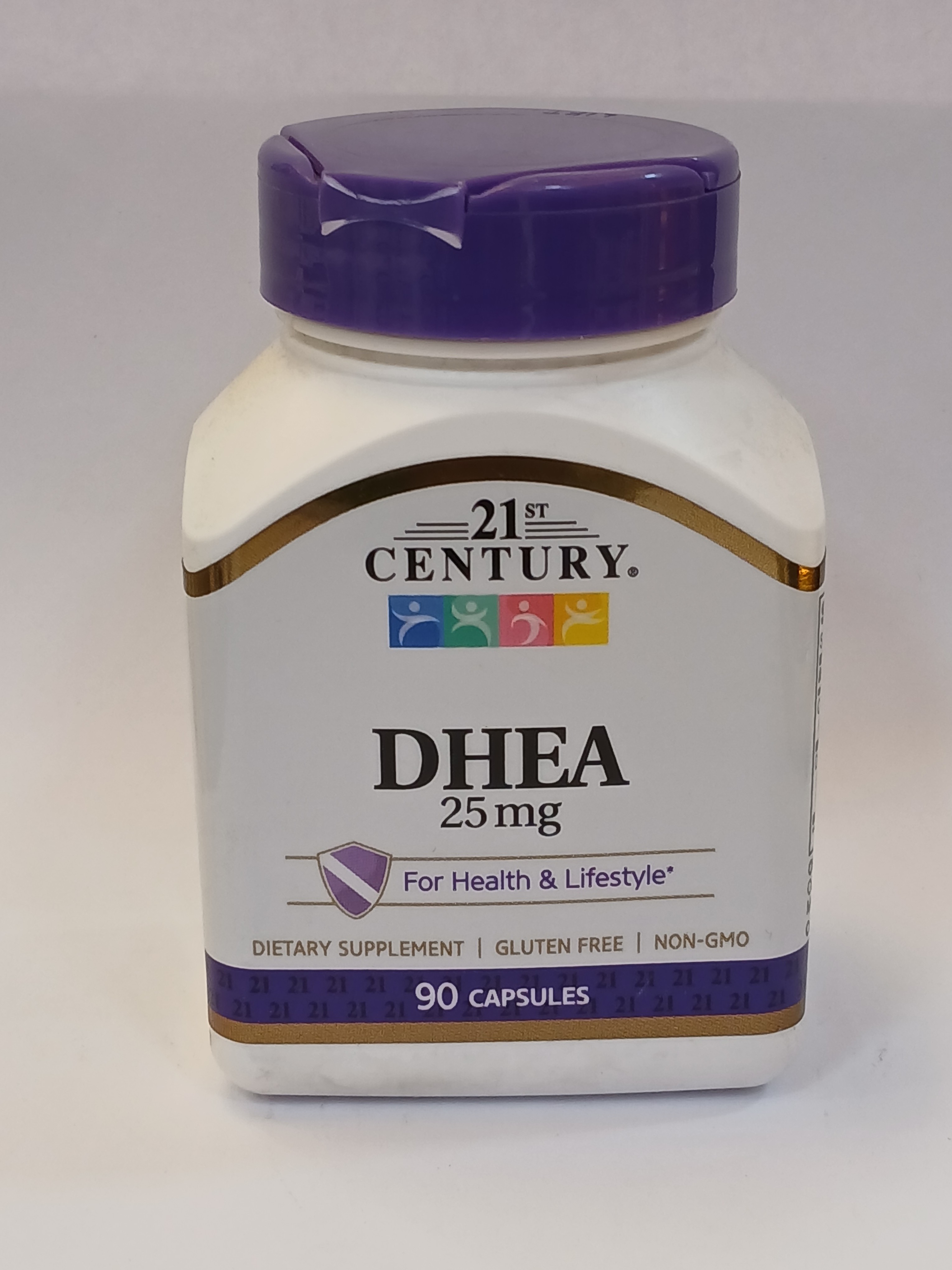 A white plastic bottle with a purple cap contains 90 small capsules, labeled with text including "25 mg," "For Health & Lifestyle," and various certification symbols.