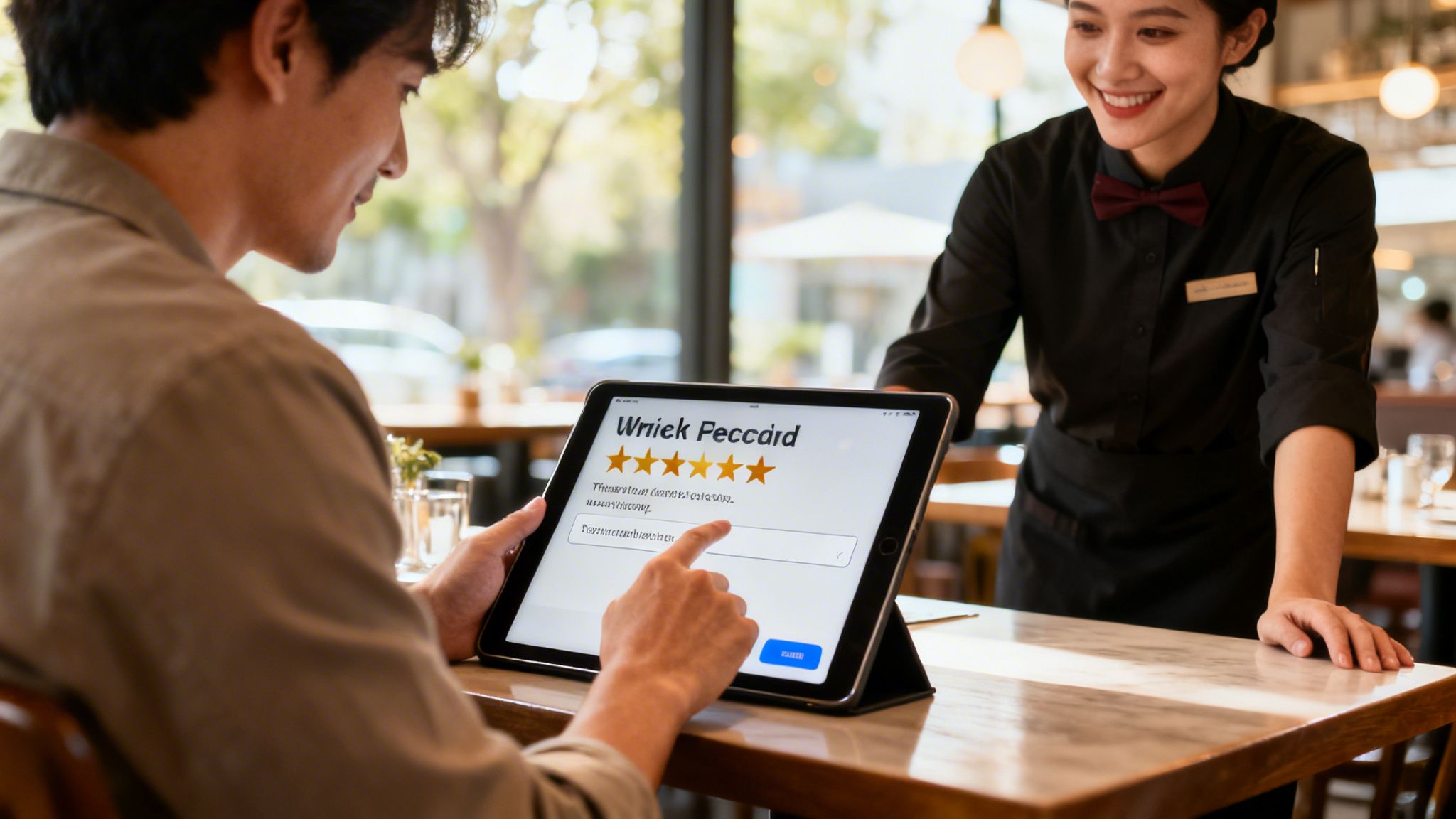 Customer leaving a 5-star review on a tablet at a restaurant with a smiling waitress.