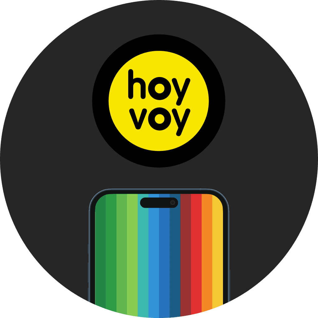 Logo featuring a yellow circle with the text "hay voy," set against a black background and a rainbow-striped suitcase.