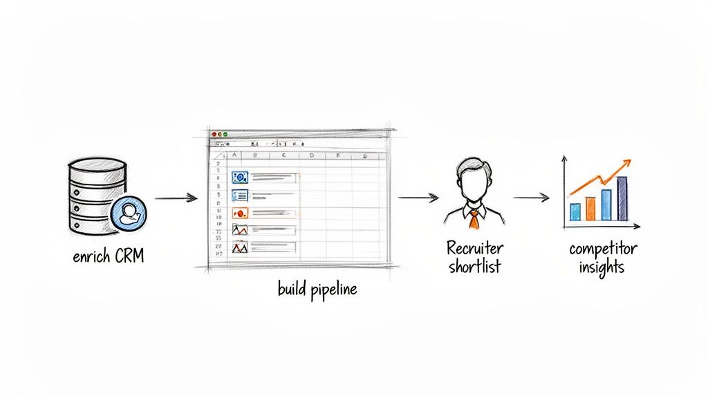 Workflow diagram showing data enrichment, pipeline building, recruiter shortlisting, and competitor insights.