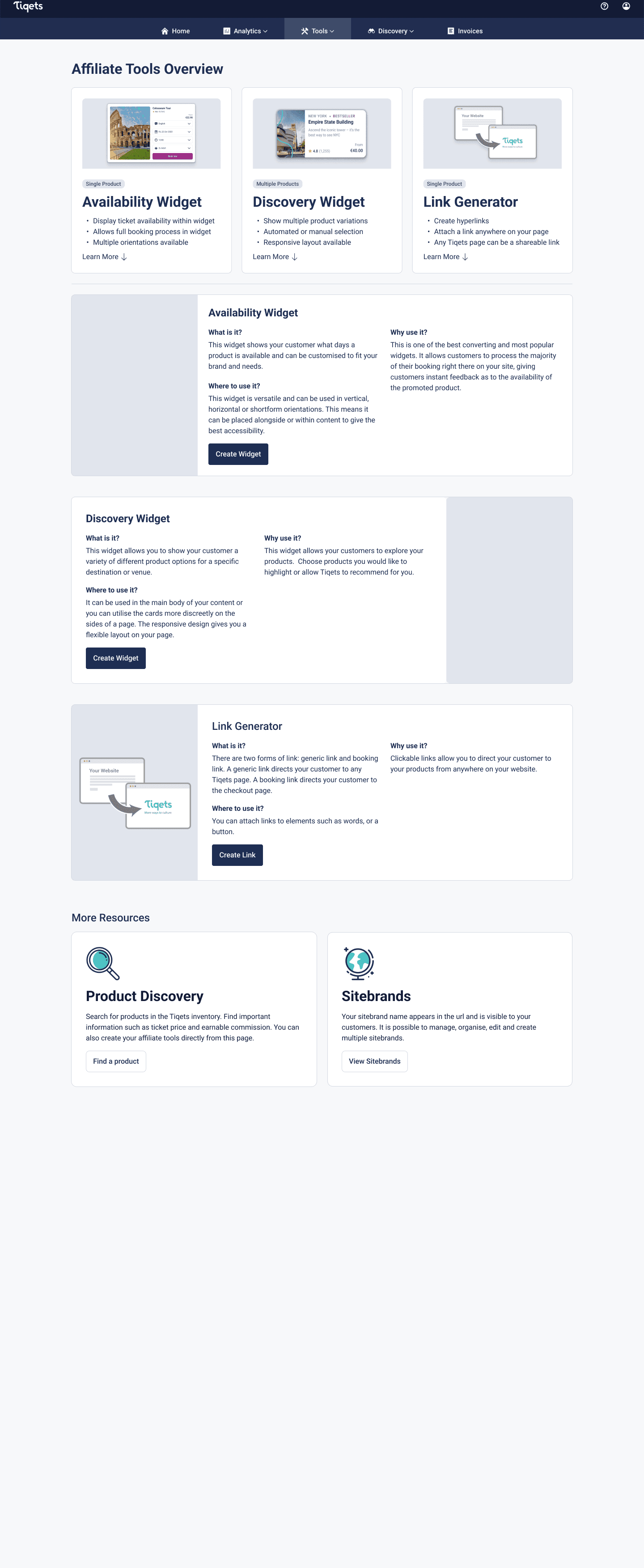 Final design of affiliate tools overview page