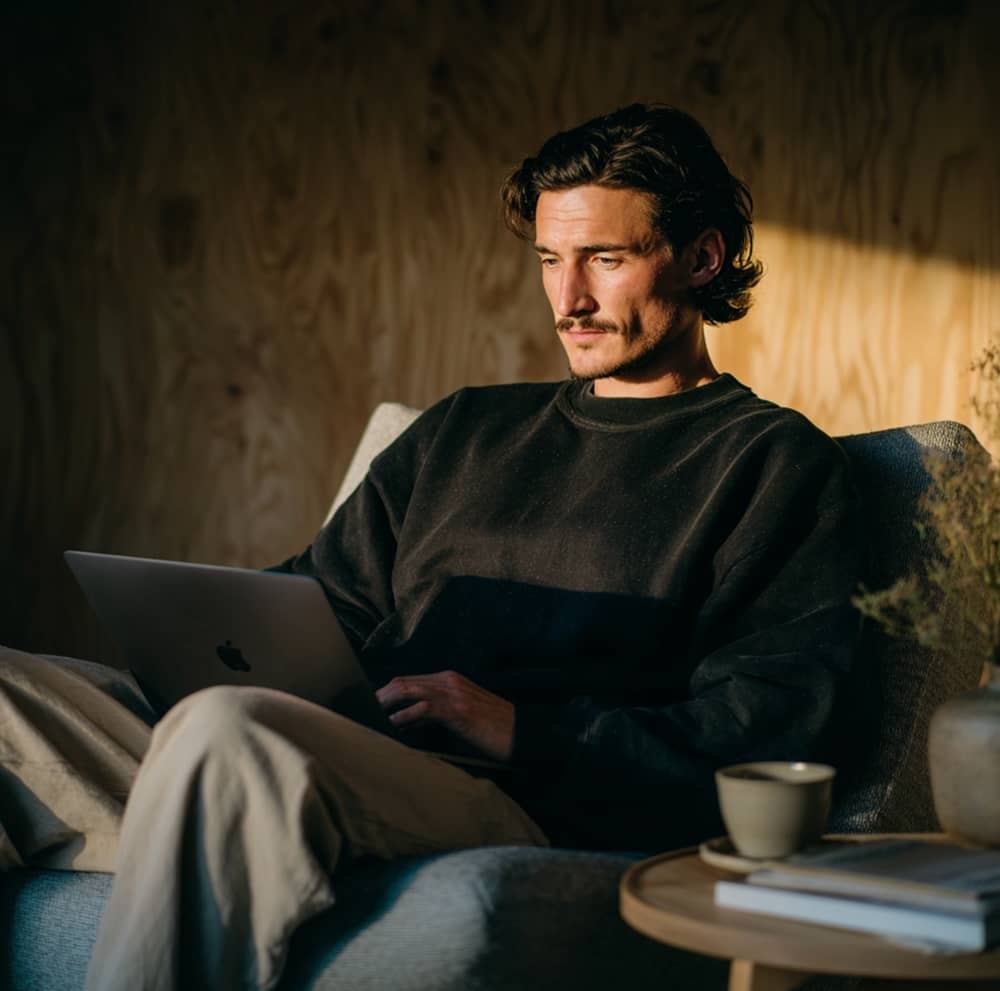 Mitarbeiter arbeitet konzentriert mit Laptop auf dem Sofa, Kaffee daneben