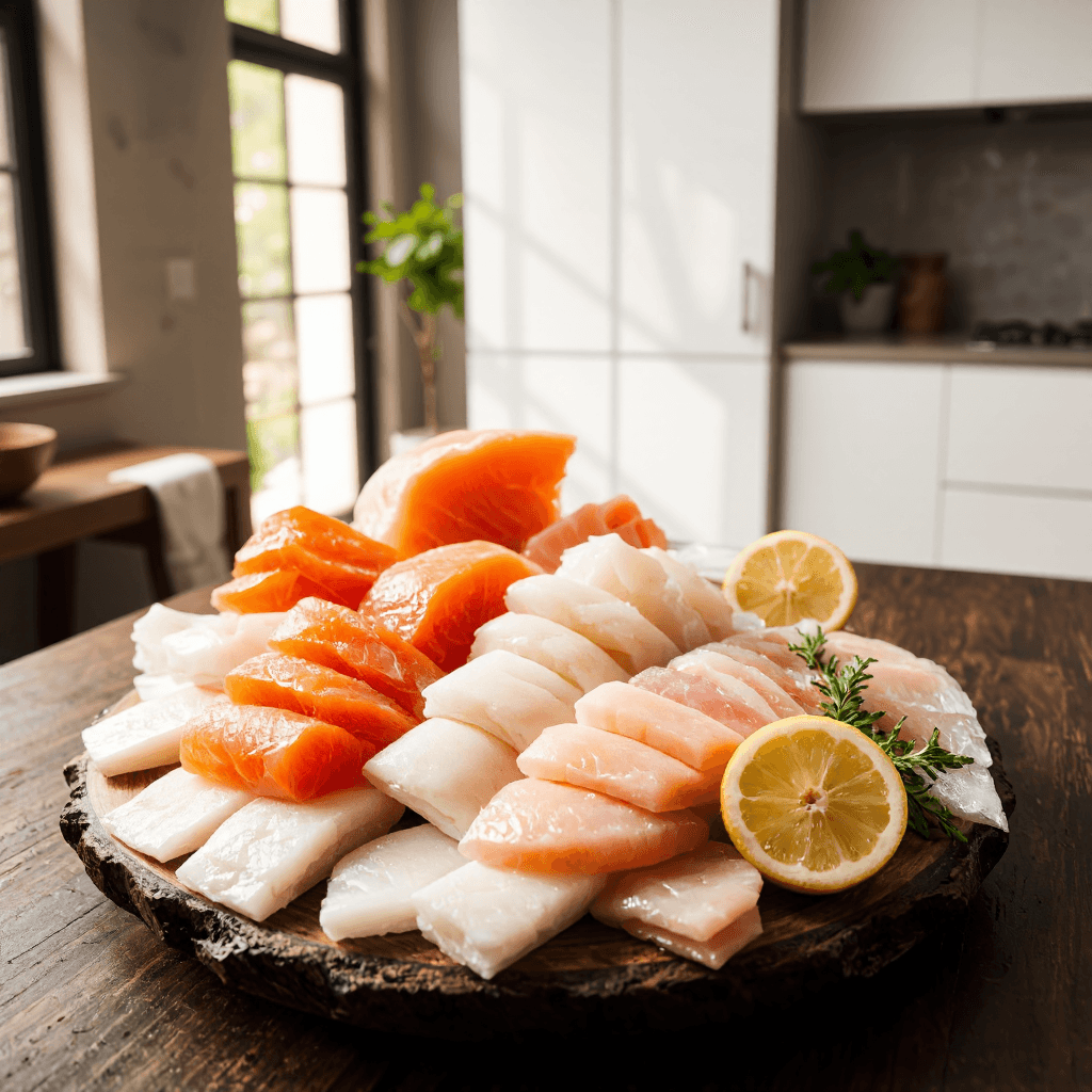 product photography of a platter of assorted sliced fish
