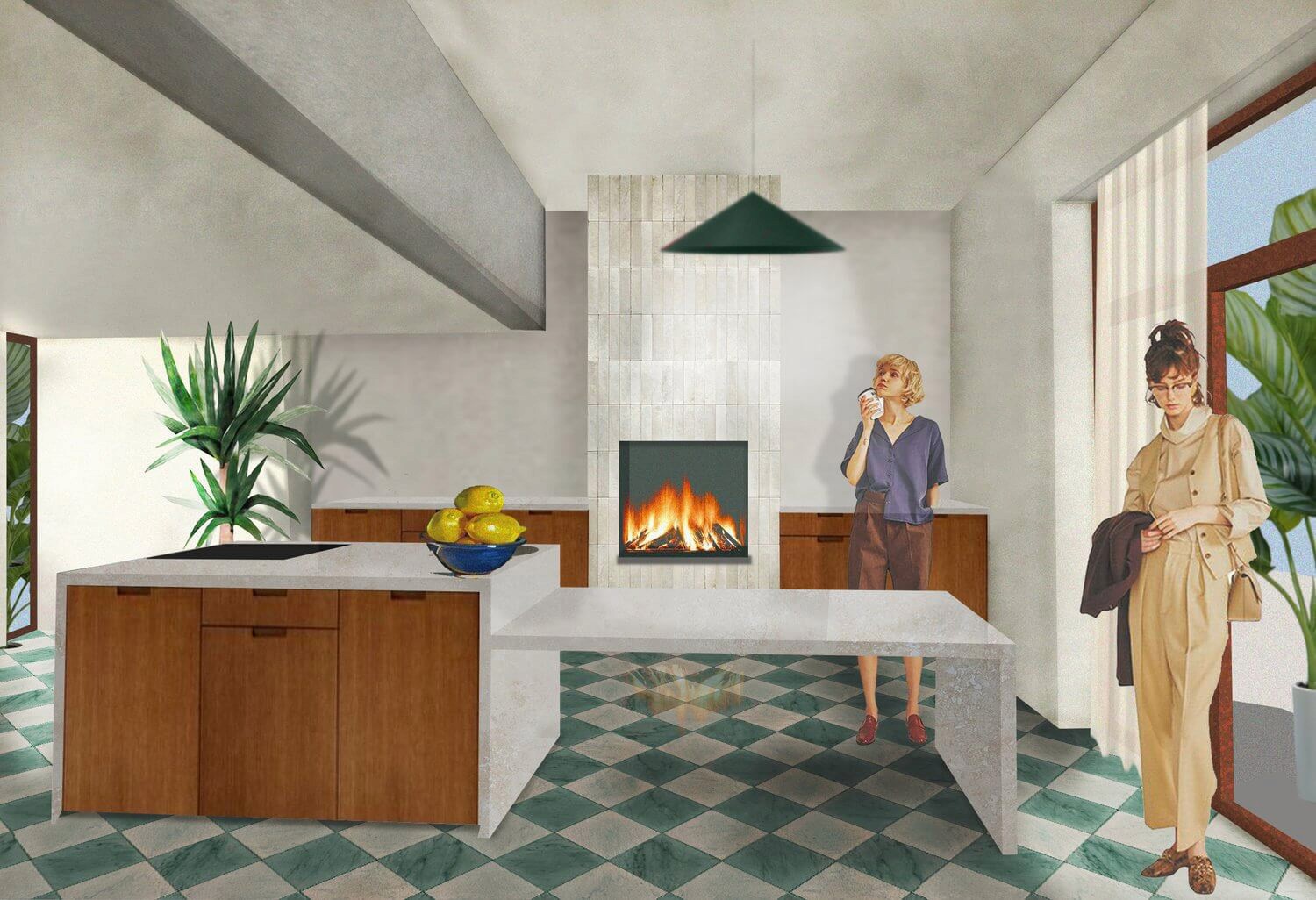 Open kitchen with natural wood cabinets, green-and-white checkered flooring, and a modern fireplace. Large windows let in light, while human figures add a lived-in feel