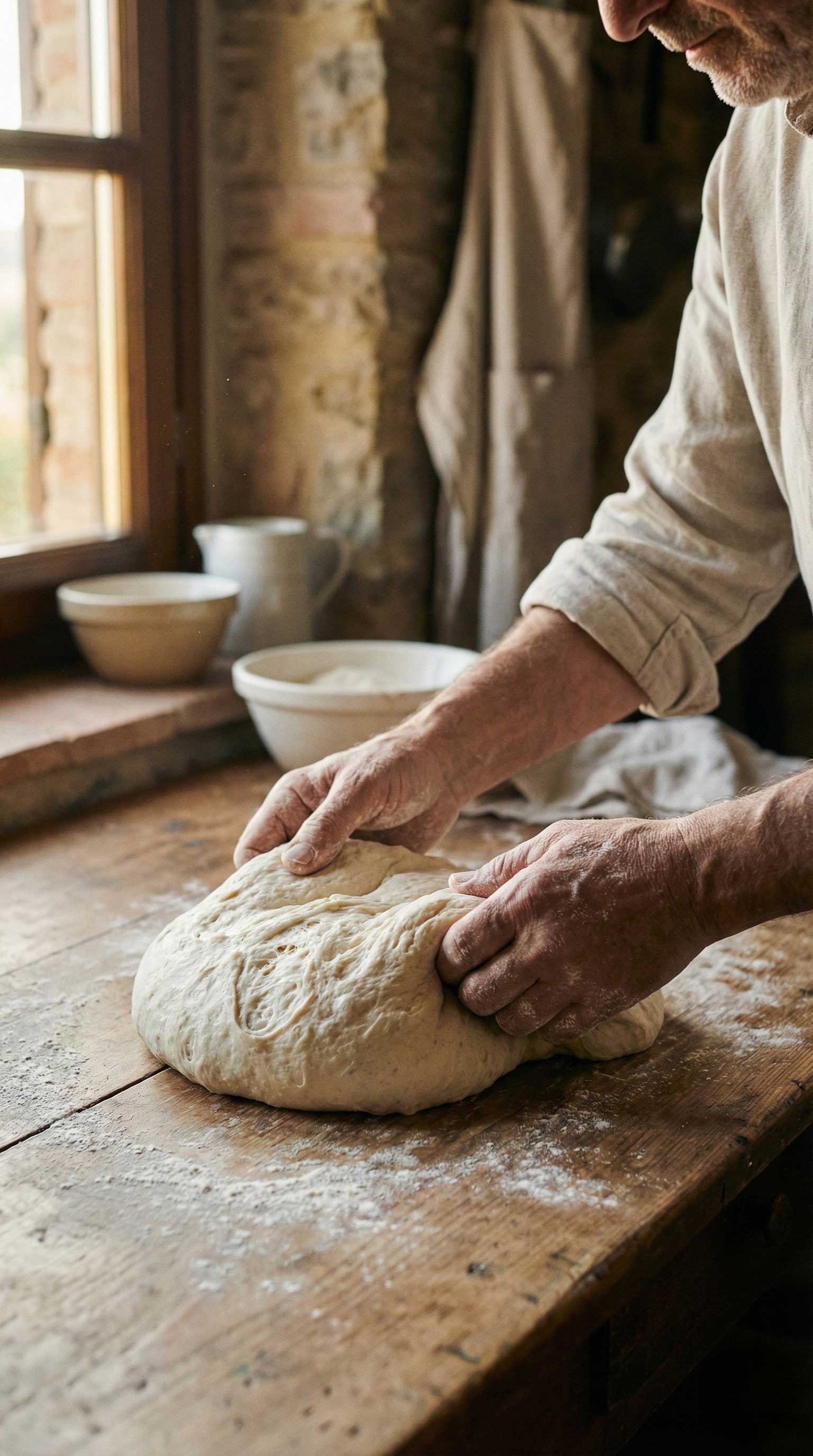 A baker's hands skillfully knead a large ball of dough on a rustic wooden table, with a stone wall and window providing a warm, natural light in the background.