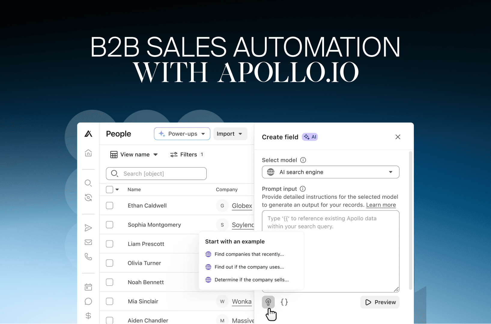 Personenliste in Apollo.io mit dem KI-Panel Create field, Cover zur B2B-Vertriebsautomatisierung mit Apollo.io