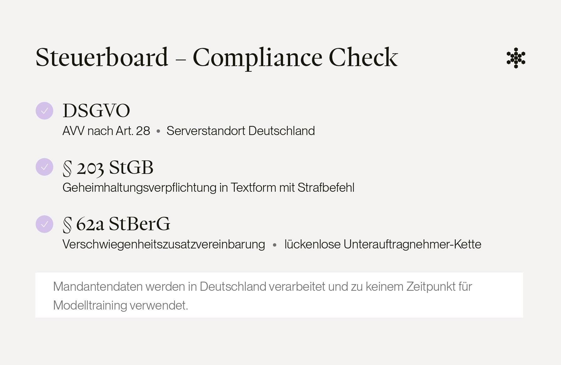 Steuerboard Compliance Check: DSGVO konform, Geheimhaltungsvereinbarung nach §203 StGB und Verschwiegenheitszusatzvereinbarung nach §62a StBerG