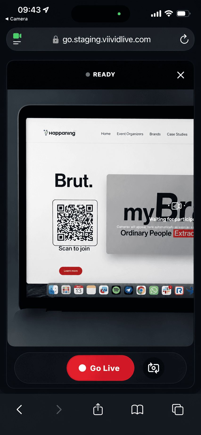 Live broadcast view with READY status and Go Live button