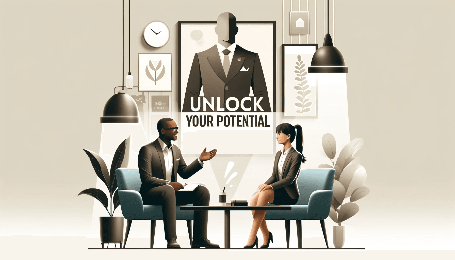 DareAhead blog cover featuring a diverse coaching duo and 'Unlock Your Potential' posters in a modern office setting