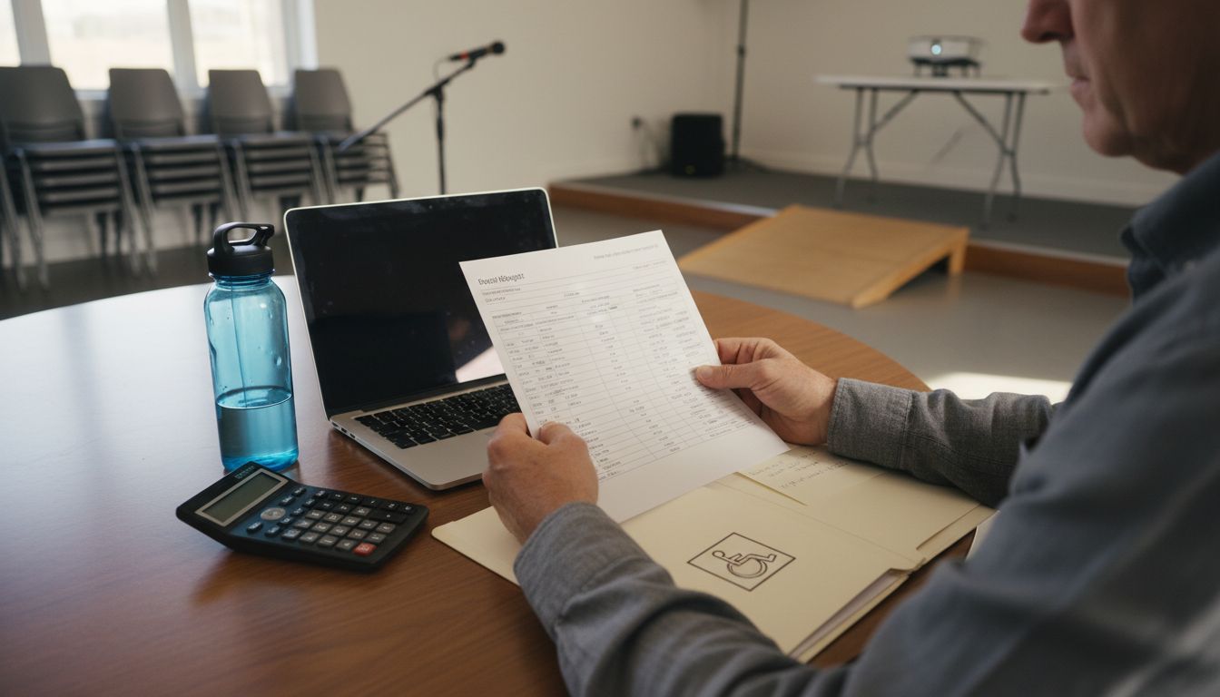 Person am runden Tisch prüft Budgetpapier neben Laptop, Taschenrechner, Wasserflasche und Ordner; heller Raum mit Stühlen, Mikrofon und Rampe, konzentrierte Stimmung.