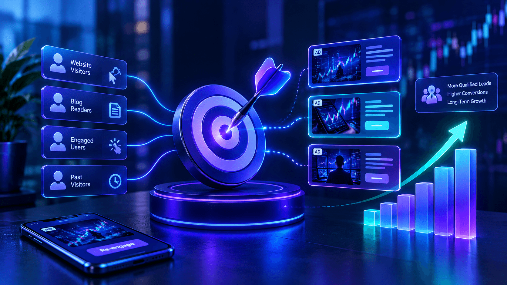 Futuristic digital marketing scene illustrating how retargeting ads help proprietary trading firms drive audience engagement, conversions, and business growth through targeted campaigns.