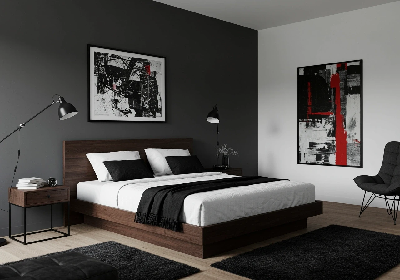 Minimalist masculine bedroom with a dark gray feature wall, low-profile wood bed, monochrome bedding, black floor lamps, and abstract black-and-red artwork for a bold, modern aesthetic.