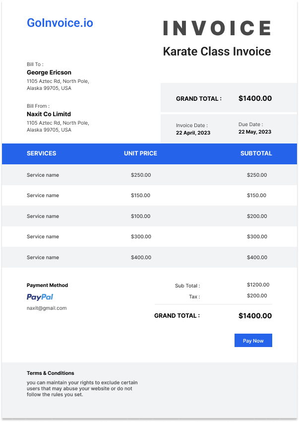 Karate Class Invoice