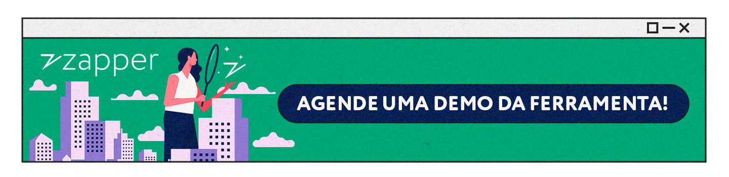 Banner com a ilustração de uma gestora do setor imobiliário utilizando Zapper no seu negócio, ao lado, um CTA para agendar uma demonstração da ferramenta