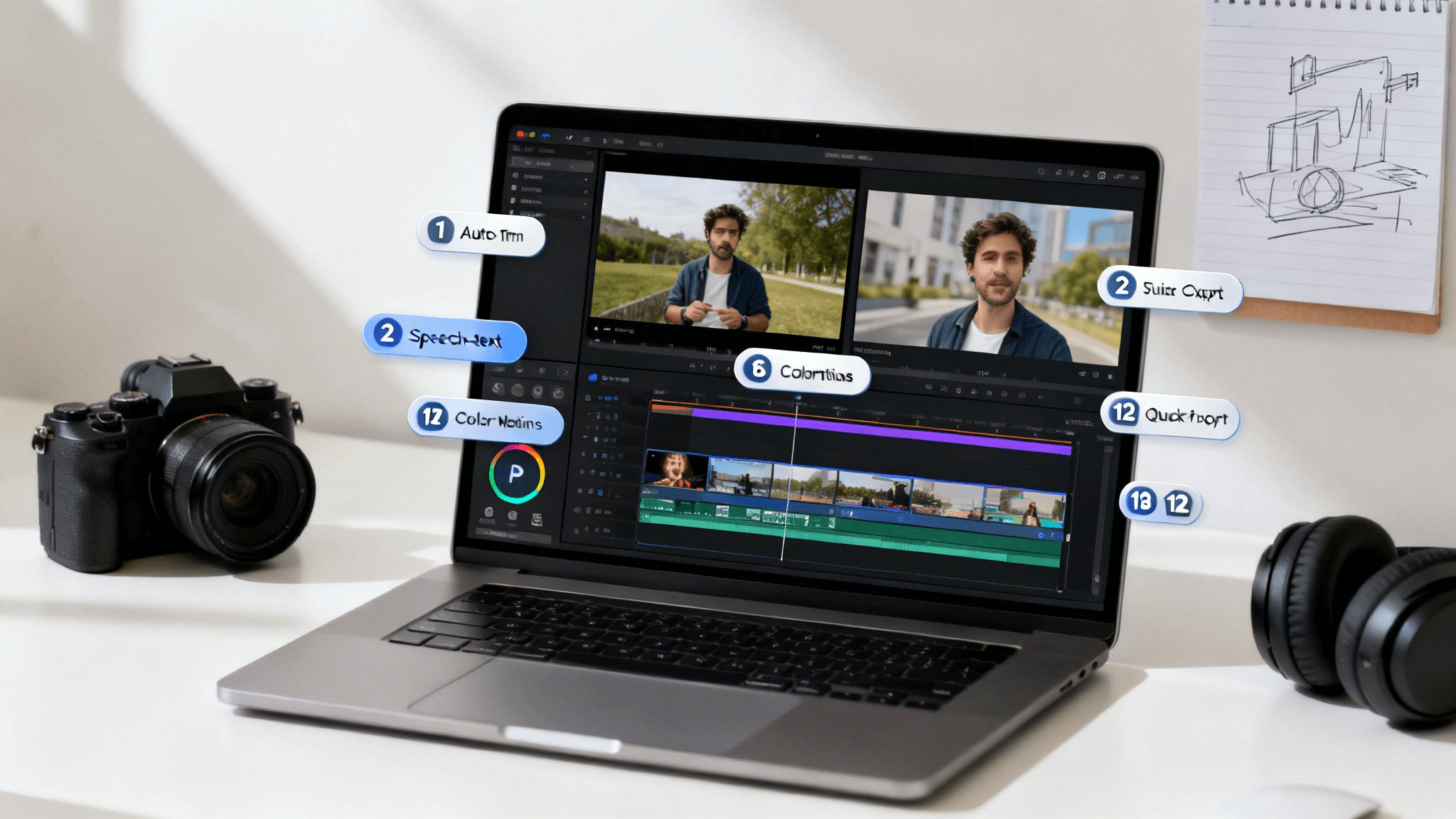 Laptop displaying video editing software workspace - Best AI Video Tools Like Vizard for Webinar Clips